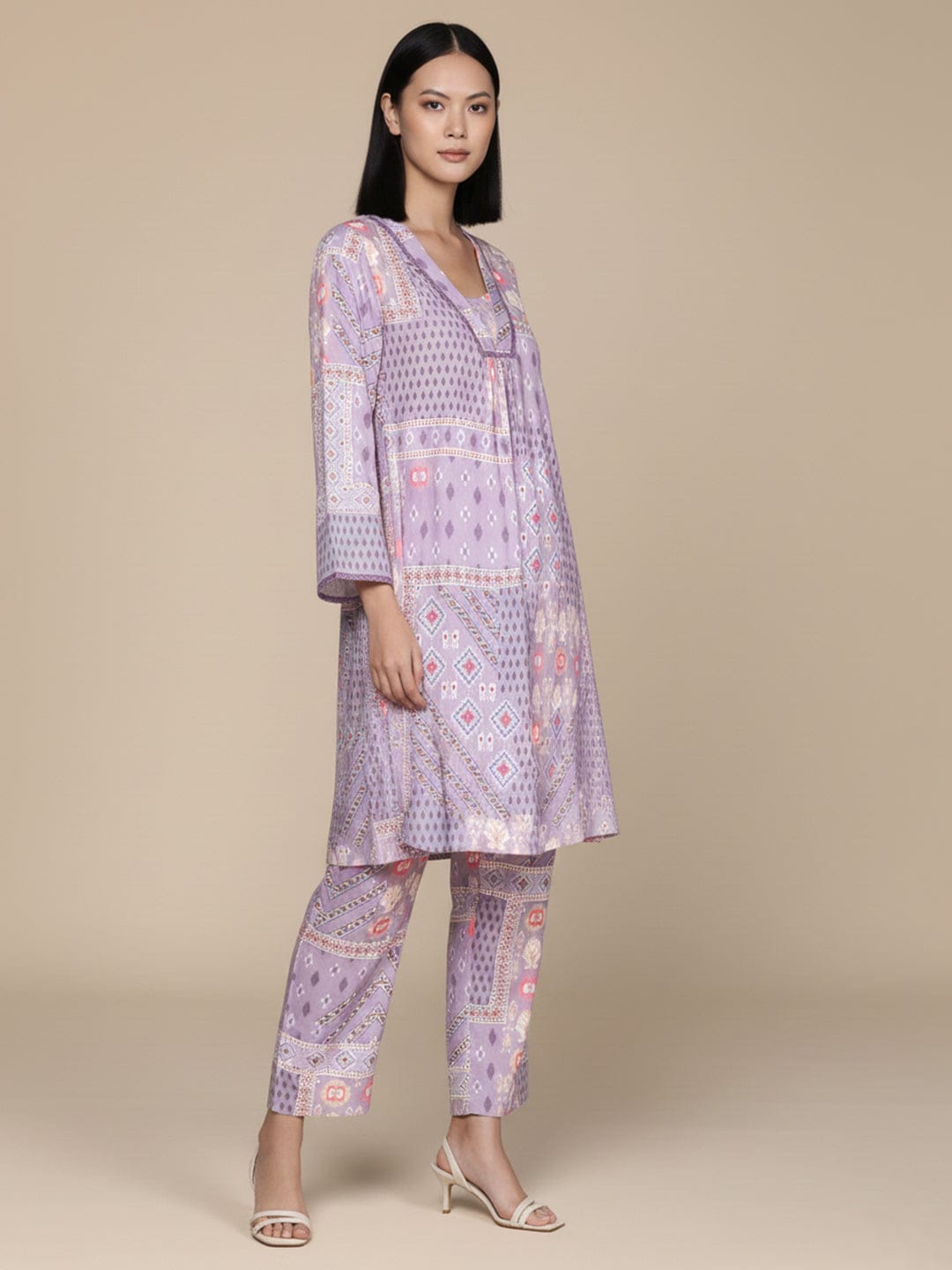 KSUT Women Lavender Abstract Printed V-Neck A-Line Kurta Paired With Tonal Bottom
