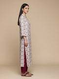 KSUT Women Off White Ikat Printed Shirt Collar Straight Kurta  Paired With Violet Solid Bottom.