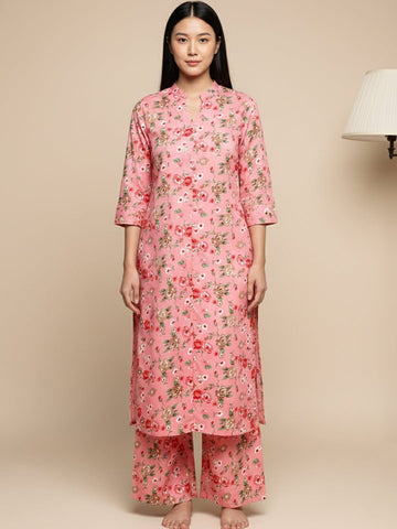 KSUT Women Pink Floral Printed Straight Kurta Paired With Tonal Printed Bottom