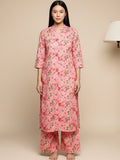 KSUT Women Pink Floral Printed Straight Kurta Paired With Tonal Printed Bottom