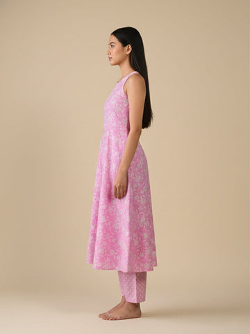 KSUT Women Lavender And White Floral Printed Anarkali Kurta Paired With Tonal Bottom