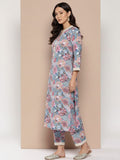 KSUT Women Blue Floral Printed V-Neck, Flared Sleeves Straight Kurta Paired With Tonal Printed Bottom