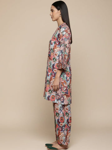 KSUT Women Beige Floral Printed Tunic Paired With Tonal Bottom
