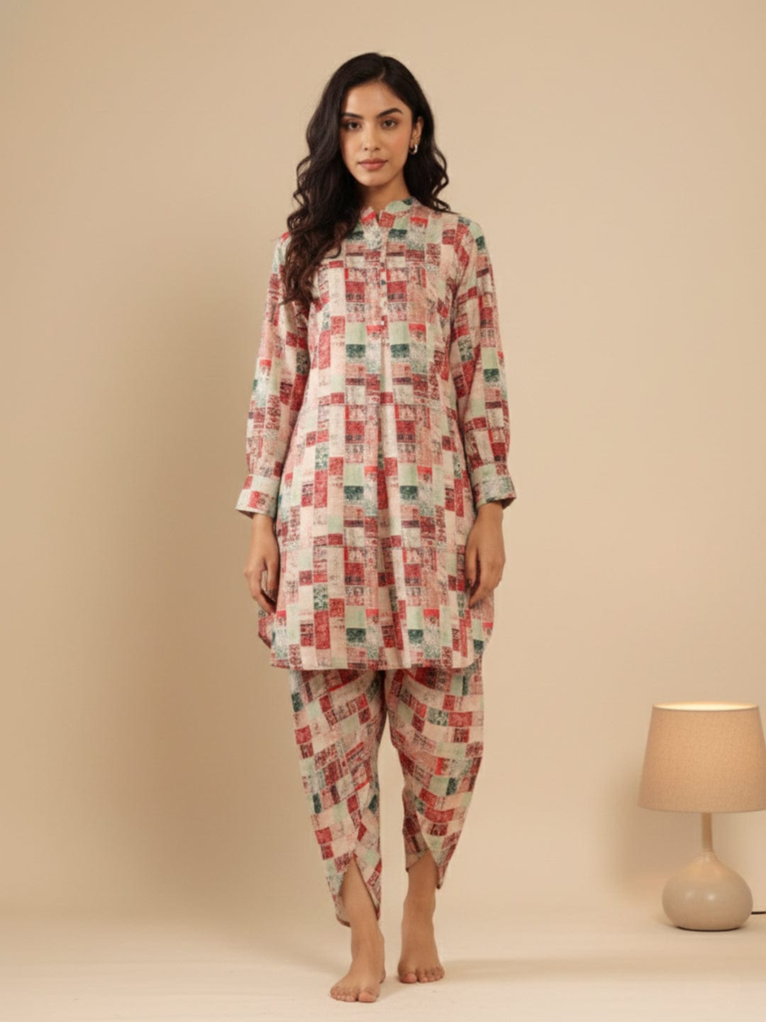 KSUT Women Beige Geometrical Printed Straight Kurta With Bishop Sleeves Paired With Tonal Printed Dhoti Style Bottom