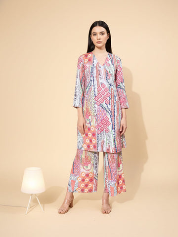 KSUT Women Multi Colour Abstract Printed Angrakha Style Kurta Paired With Tonal Printed Bottom