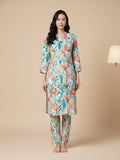 KSUT Women Cream Floral Printed High Low Straight Kurta Paired With Tonal Bottom