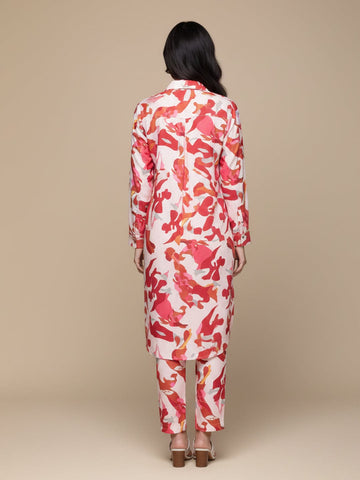 KSUT Women Cream Abstract Printed Shirt Collar Straight Kurta Paired With Tonal Bottom