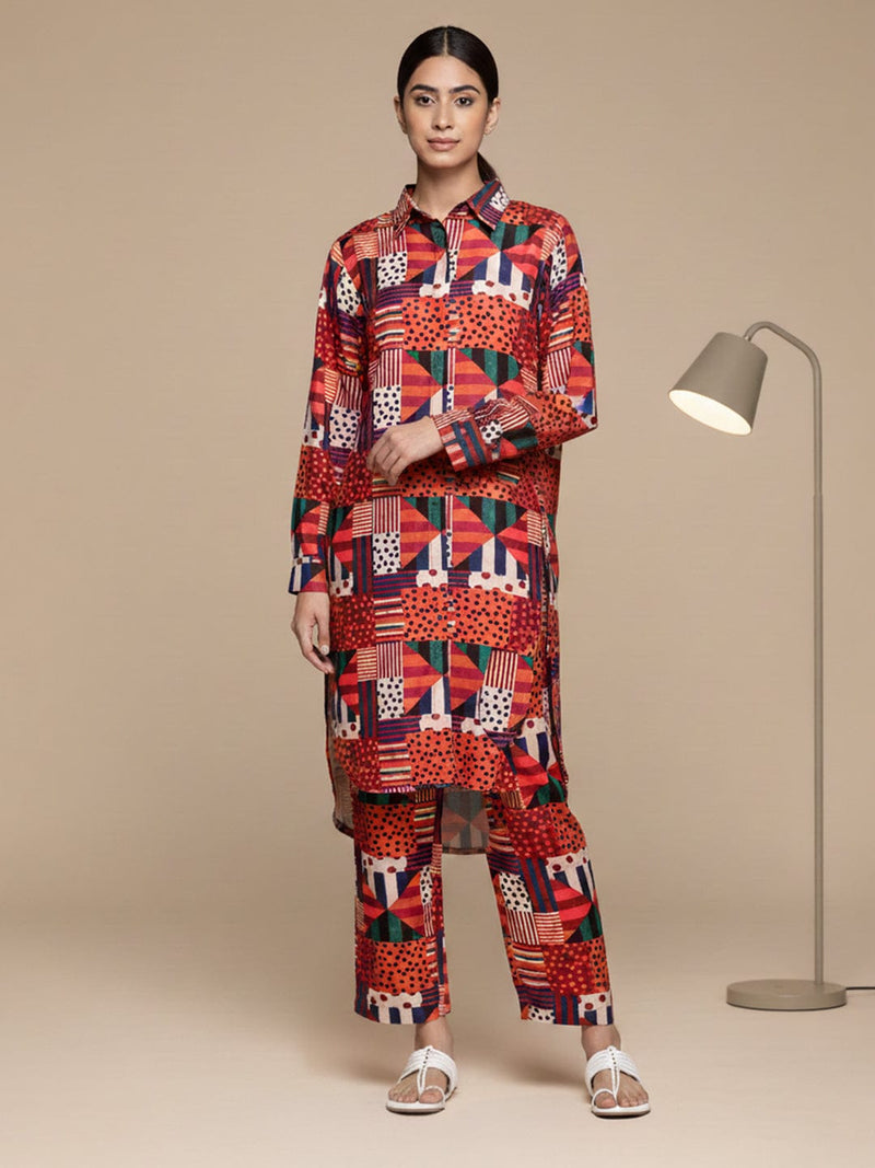 KSUT Women Multi Colour Abstract Printed Shirt Collar Straight Kurta Paired With Tonal Bottom