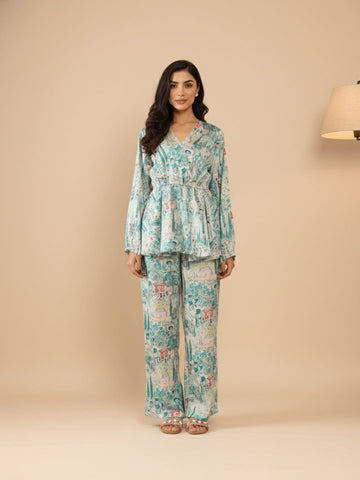 KSUT Women Teal Abstract Printed V-Neck Angrakha Style Top Paired With Tonal Printed Flared Bottom