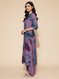 KSUT abstract printed mandarin collar, high low straight kurta with side slits paired with tonal bottom