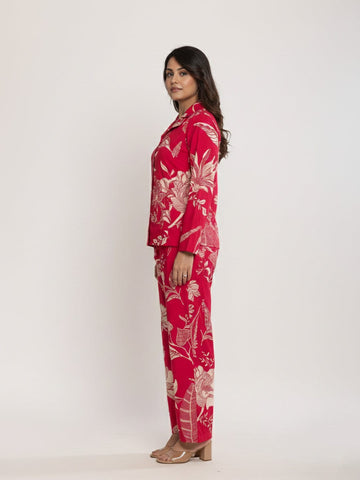 KSUT Women Floral Printed Front Placket Shirt with Flared Palazzo