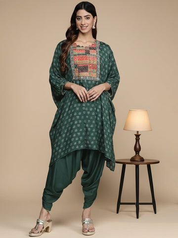 KSUT Women Green Pure Muslin Sequins And Beads Embellished Kaftan Kurta Apired  With Dhoti Pants