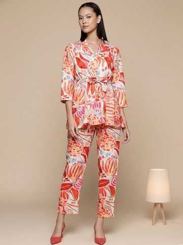 KSUT Women Rust Abstract Printed Top Paired With Tonal Printed Bottom