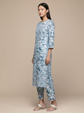 KSUT Women Women White & Blue Floral Printed A-Line Kurta Paired With Tonal Bottom