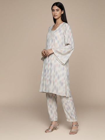 KSUT Women Ivory Grey Ikat Printed V Neck A Line Kurta With Flared Sleeves Paired With Tonal Printed Bottom