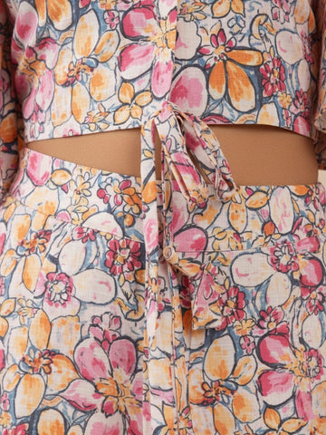KSUT Women Grey Floral Printed Flared Sleeves, Front Open With Tie Up Details Crop Top Paired With Flared Bottom