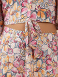 KSUT Women Grey Floral Printed Flared Sleeves, Front Open With Tie Up Details Crop Top Paired With Flared Bottom