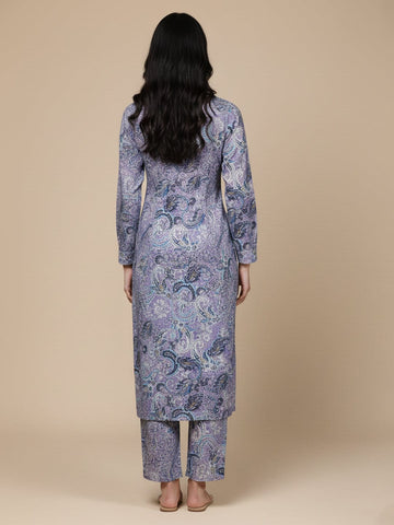 KSUT Women Lavender Paisley Printed Mandarin Collar With Slit Straight Kurta With Three Quarter Sleeves With Cuff Straight Kurta Paired With Tonal Bottom