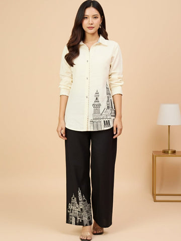 KSUT Women Black And White Co-Ord Set With Thread Work And Sequins Highlighting