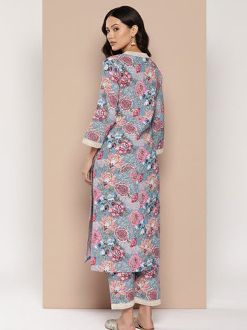 KSUT Women Blue Floral Printed V-Neck, Flared Sleeves Straight Kurta Paired With Tonal Printed Bottom