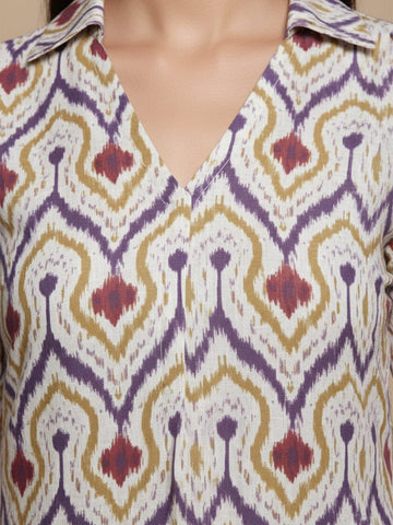 KSUT Women Off White Ikat Printed Shirt Collar Straight Kurta Paired With Violet Solid Bottom.