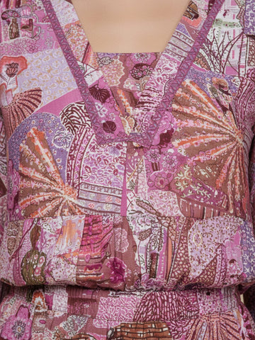 KSUT Women Purple Abstract Printed V-Neck A-Line Kurta Paired With Tonal Bottom