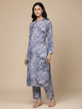 KSUT Women Lavender Paisley Printed Mandarin Collar With Slit Straight Kurta With Three Quarter Sleeves With Cuff Straight Kurta Paired With Tonal Bottom