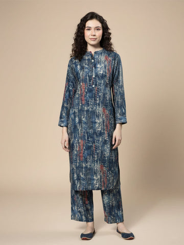 KSUT blue shibori printed mandrin collar straight kurta paired with tonal bottom