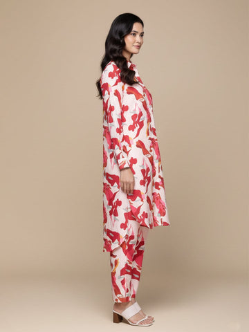 KSUT Women Cream Abstract Printed Shirt Collar Straight Kurta Paired With Tonal Bottom