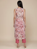 KSUT Women Beige & Pink Floral Printed V-Neck Sleeveless Straight Kurta Paired With Tonal Bottom