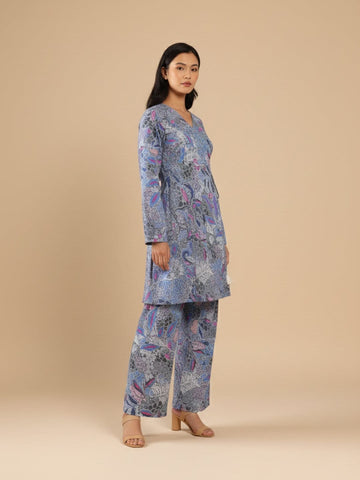 KSUT Women Grey Abstract Printed Angrakha Style Kurta Paired With Bottom