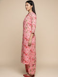 KSUT Women Pink Floral Printed Straight Kurta Paired With Tonal Printed Bottom