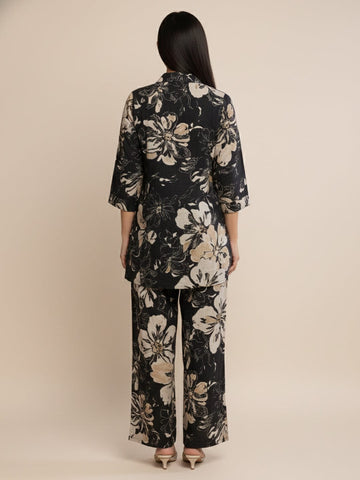 KSUT Women Floral Printed Front Placket Shirt with Flared Palazzo