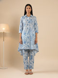 KSUT Women Blue Floral Printed High- Low Kurta With Bottom