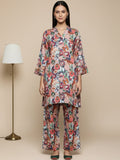KSUT Women Beige Floral Printed Tunic Paired With Tonal Bottom