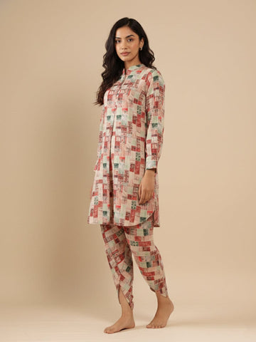 KSUT Women Beige Geometrical Printed Straight Kurta With Bishop Sleeves Paired With Tonal Printed Dhoti Style Bottom
