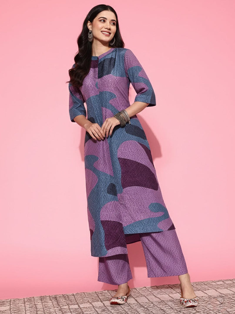 KSUT abstract printed mandarin collar, high low straight kurta with side slits paired with tonal bottom