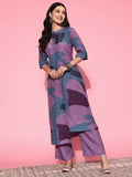 KSUT abstract printed mandarin collar, high low straight kurta with side slits paired with tonal bottom
