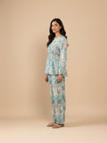 KSUT Women Teal Abstract Printed V-Neck Angrakha Style Top Paired With Tonal Printed Flared Bottom