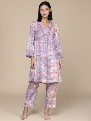 KSUT Women Lavender Abstract Printed V-Neck A-Line Kurta Paired With Tonal Bottom
