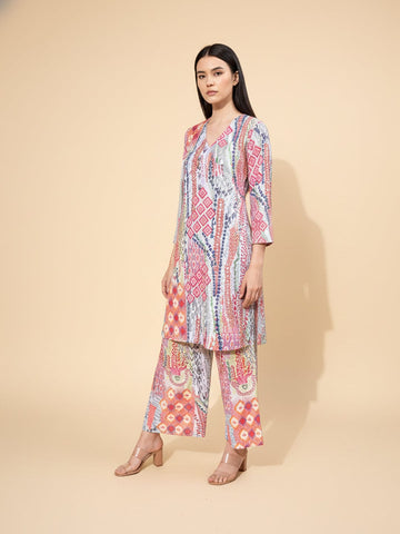 KSUT Women Multi Colour Abstract Printed Angrakha Style Kurta Paired With Tonal Printed Bottom