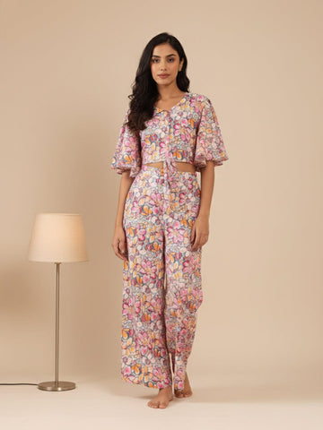 KSUT Women Grey Floral Printed Flared Sleeves, Front Open With Tie Up Details Crop Top Paired With Flared Bottom