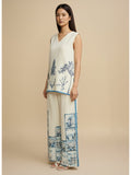 Off-white printed co-ord set featuring a sleeveless V-neck top and relaxed palazzo trousers for a chic, casual look.