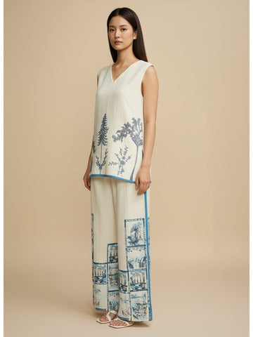 Off-white printed co-ord set featuring a sleeveless V-neck top and relaxed palazzo trousers for a chic, casual look.
