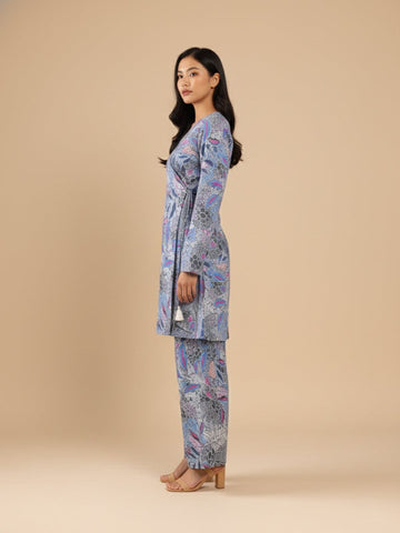 KSUT Women Grey Abstract Printed Angrakha Style Kurta Paired With Bottom