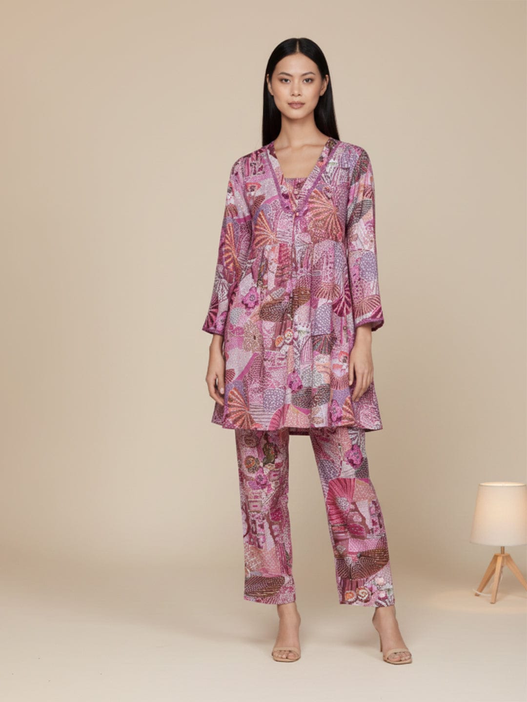 KSUT Women Purple Abstract Printed V-Neck A-Line Kurta Paired With Tonal Bottom