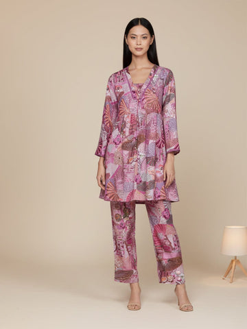 KSUT Women Purple Abstract Printed V-Neck A-Line Kurta Paired With Tonal Bottom
