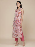 KSUT Women Beige & Pink Floral Printed V-Neck Sleeveless Straight Kurta Paired With Tonal Bottom
