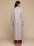 KSUT Women Off White Ikat Printed Shirt Collar Straight Kurta  Paired With Violet Solid Bottom.