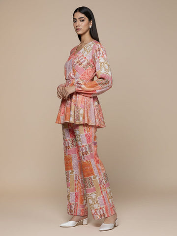 KSUT Women Multi Abstract Printed V-Neck Angrakha Style Top Paired With Tonal Printed Flared Bottom
